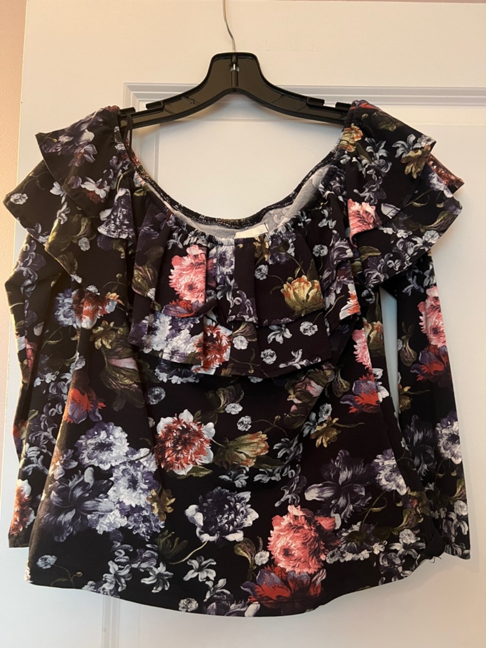 H&M Black Floral Ruffle Off-Shoulder Blouse